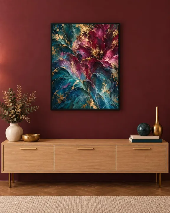 Visualización: obra floral sobre un muro vino