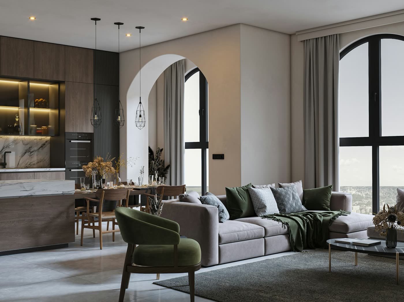 Estancia de doble altura con arcos y grandes ventanales, una obra enmarcada sobre el muro largo