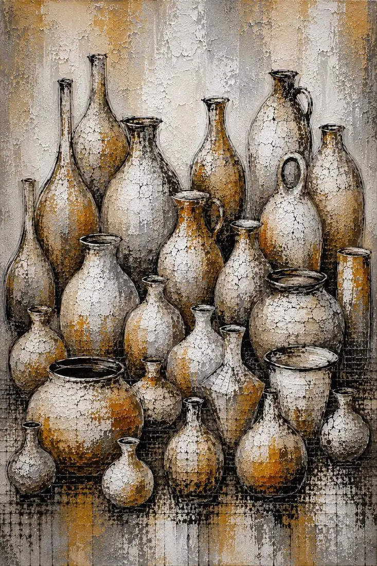 Vasijas de barro, obra de bodegón de la colección Gretta Living