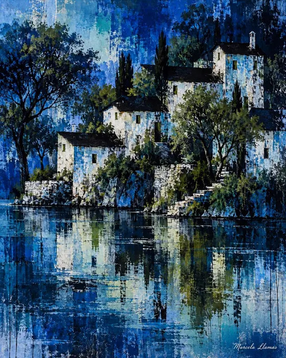 Pueblo en el lago, obra de ciudad y paisaje de la colección Gretta Living