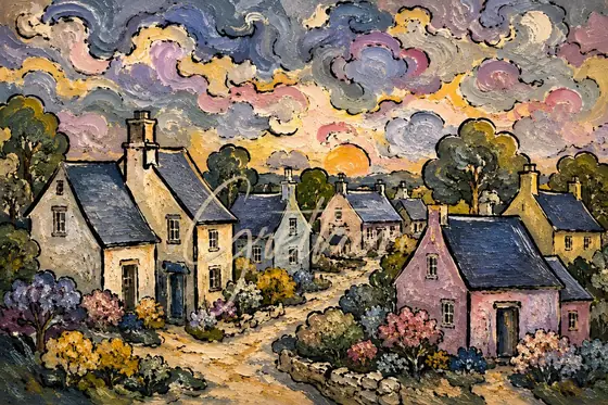 Aldea al atardecer, obra de ciudad y paisaje de la colección Gretta Living